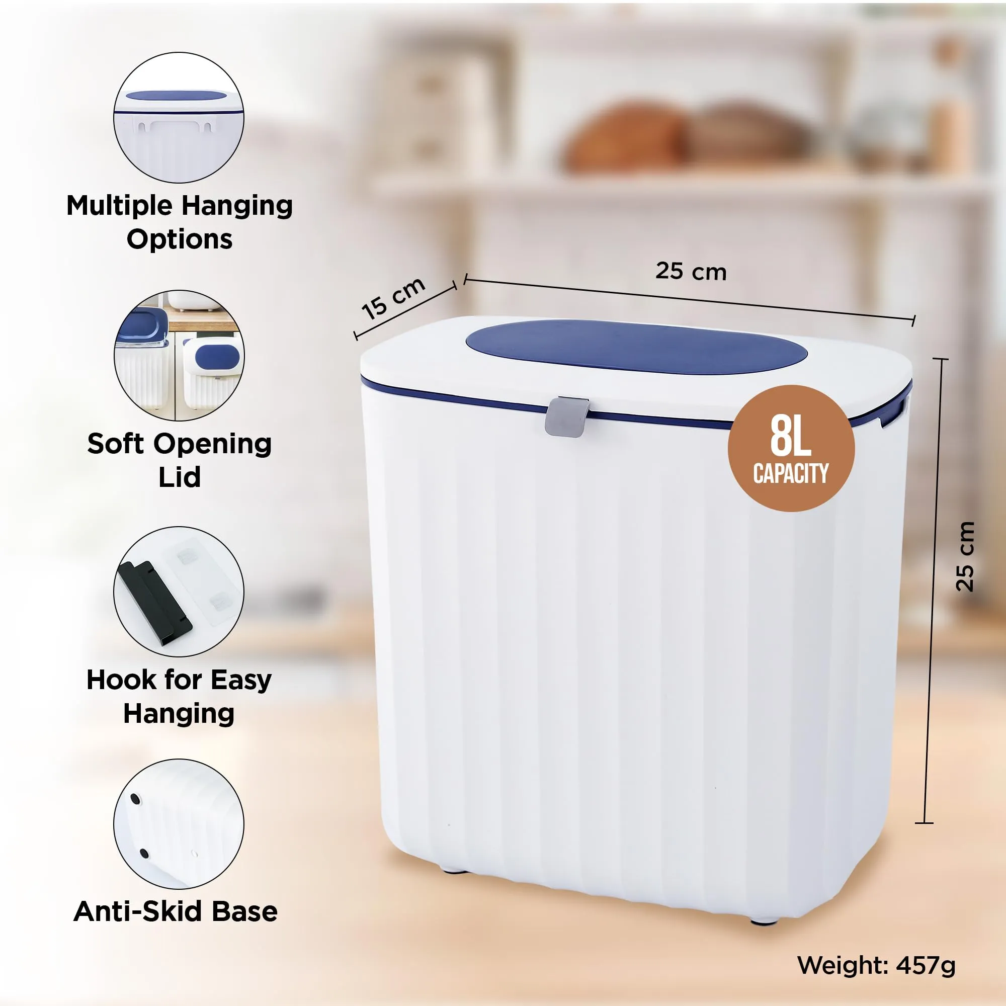 UMAI 8L Plastic Hanging Dustbin For Kitchen | Trash Bin 25x15x25cm | Garbage Bin For Bathroom With Lid | Waste Bin | Bathroom Dustbin Small Size | Small Dustbin For Kitchen Sink- White