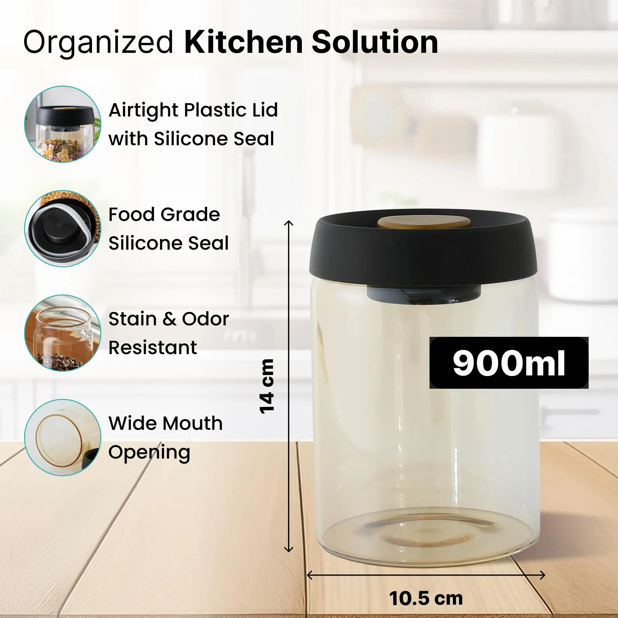 UMAI Borosilicate Glass Jars for Kitchen Storage with Vacuum Plastic Lid | 900ml each- Pack of 2 | Multipurpose Airtight Glass Kitchen Jars for Cookies, Dry fruits, Nuts, Snacks | Amber |