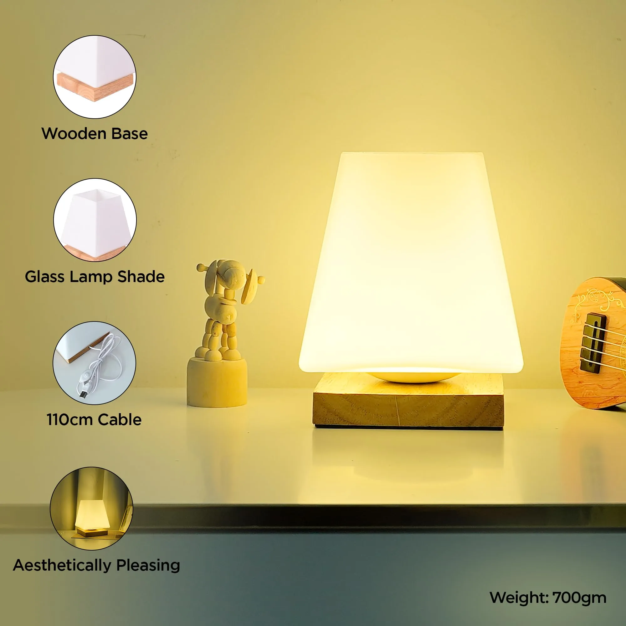 UMAI Dimmable Table Lamp for Bedroom | 12 Cm Height| Wood Base with Diffused Glass Shade | Table Lamp for Study | House Warming Gift for New Home| Home Decor Items for Living Room