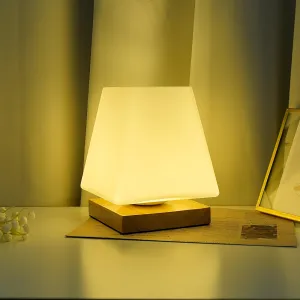 UMAI Dimmable Table Lamp for Bedroom | 12 Cm Height| Wood Base with Diffused Glass Shade | Table Lamp for Study | House Warming Gift for New Home| Home Decor Items for Living Room