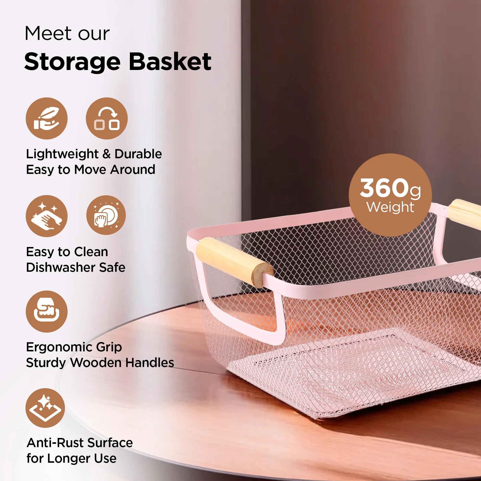 UMAI Metal Mesh Basket for storage with wooden handle | 360 gm | Fruit basket & Vegetable basket for kitchen | Kitchen Organizer | Baskets for organizing home & kitchen | Multipurpose | Pink