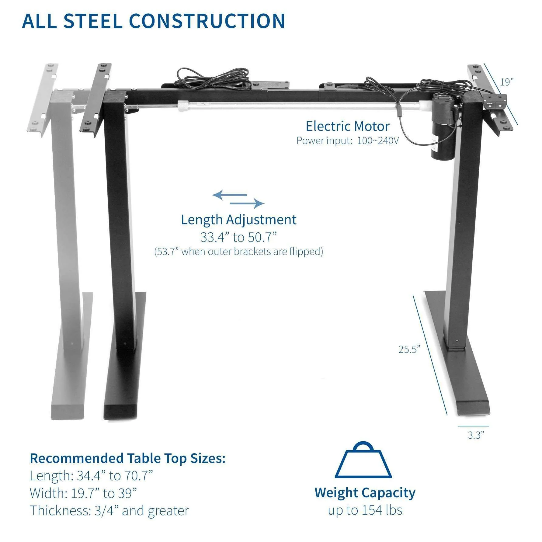 VIVO 33” to 51” Wide Electric Height-adjustable Standing Desk Frame, DESK-V100EB/V100EW