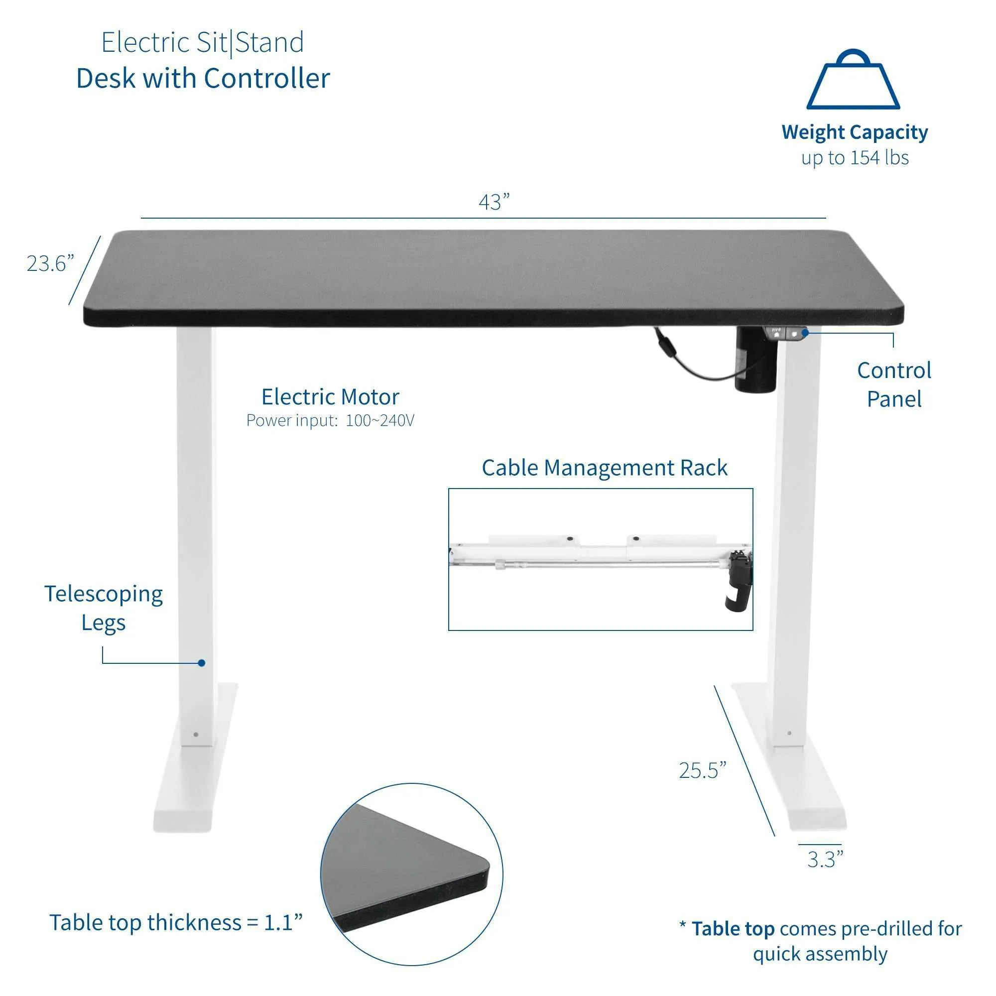 VIVO 43" x 24" Electric Desk with White Frame, DESK-KIT-W04B/W04C/W04D/W04W/W04E