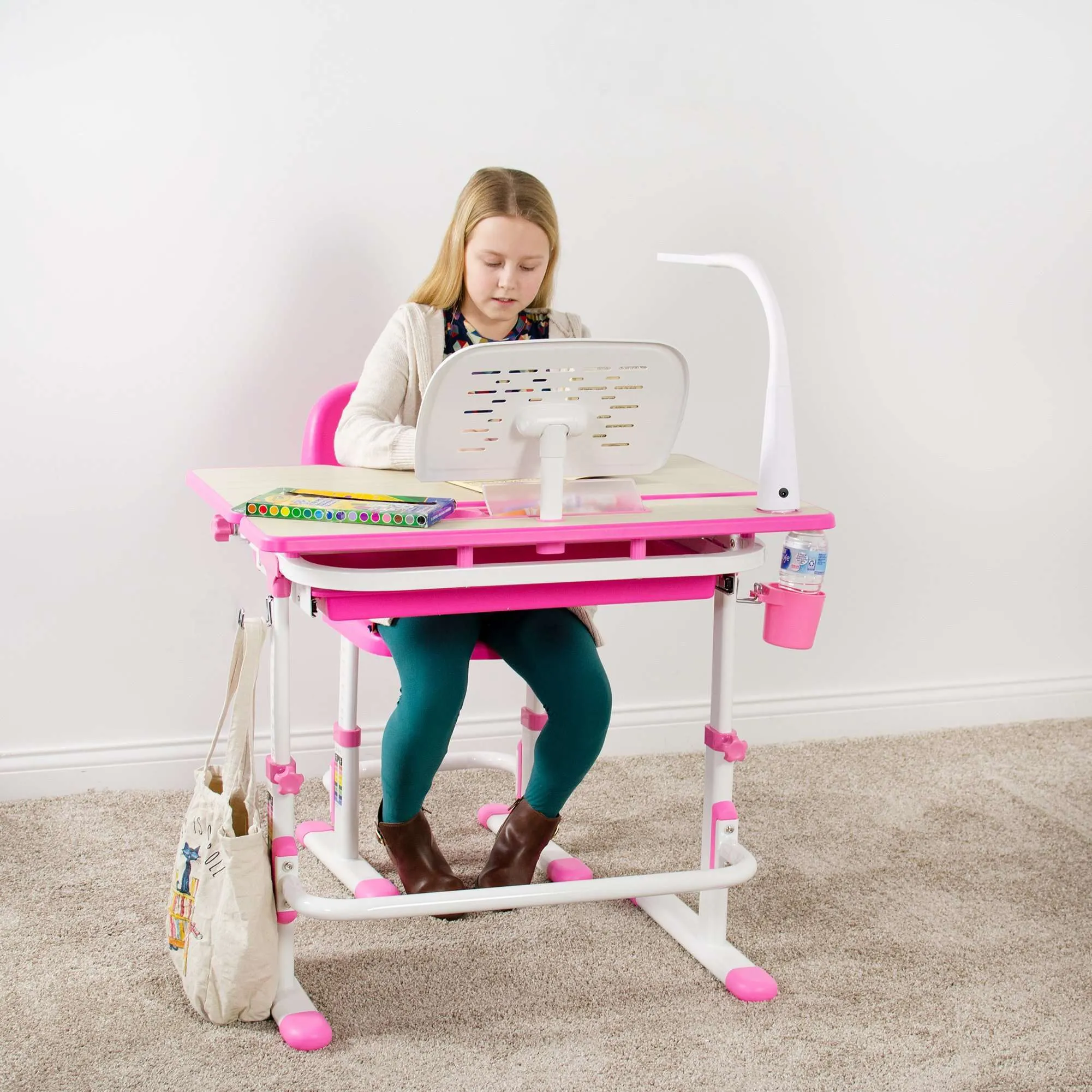 VIVO Deluxe Pink Height-Adjustable Children's Desk & Chair, Kids' Interactive Station w/ LED Lamp Extra Legroom, DESK-V402P