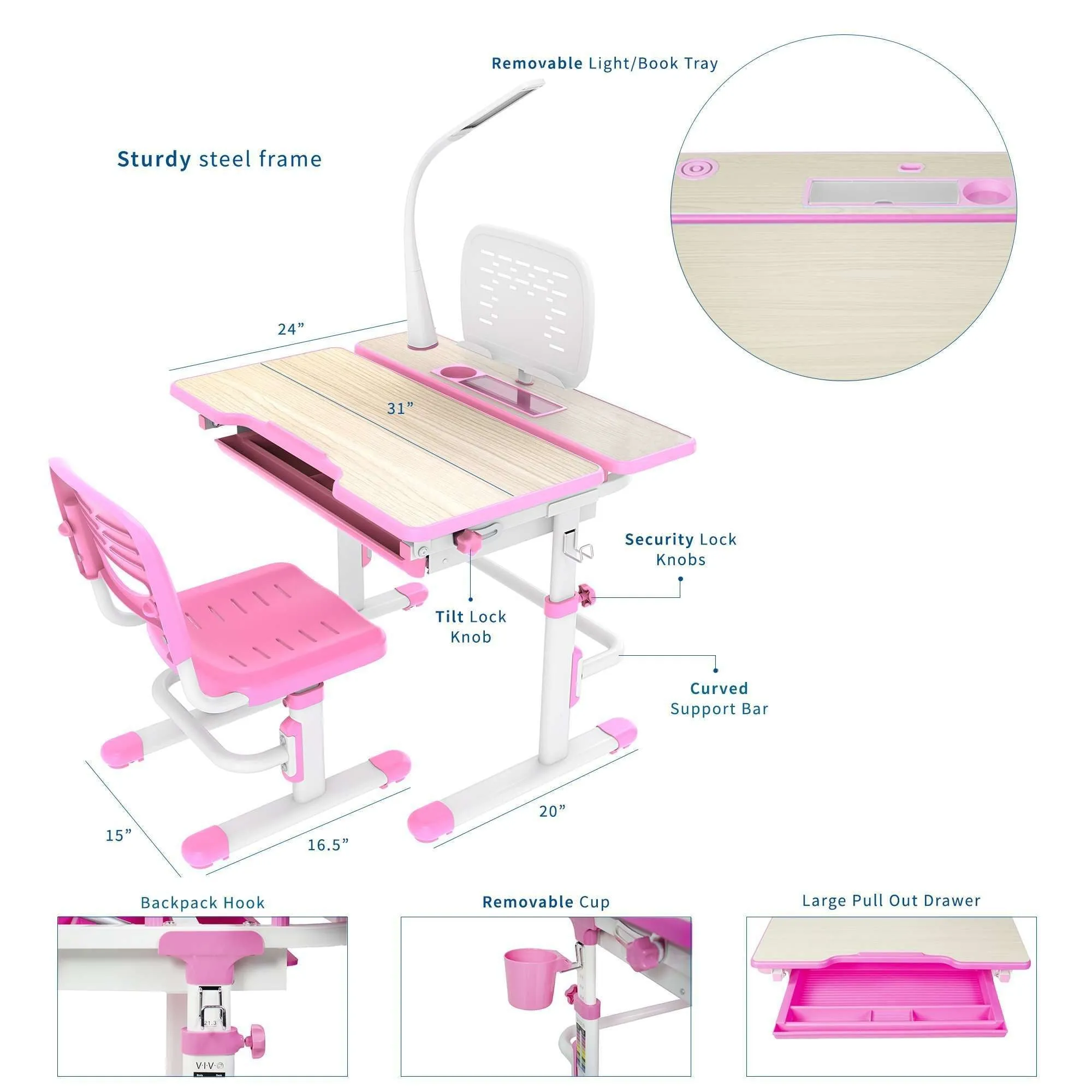 VIVO Deluxe Pink Height-Adjustable Children's Desk & Chair, Kids' Interactive Station w/ LED Lamp Extra Legroom, DESK-V402P