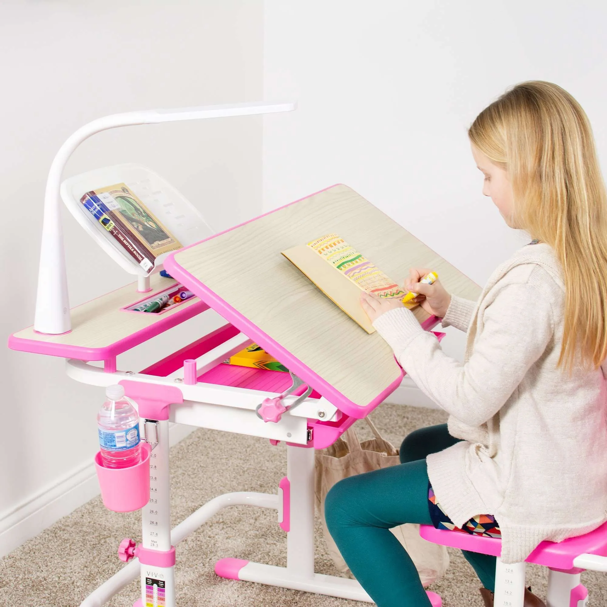 VIVO Deluxe Pink Height-Adjustable Children's Desk & Chair, Kids' Interactive Station w/ LED Lamp Extra Legroom, DESK-V402P