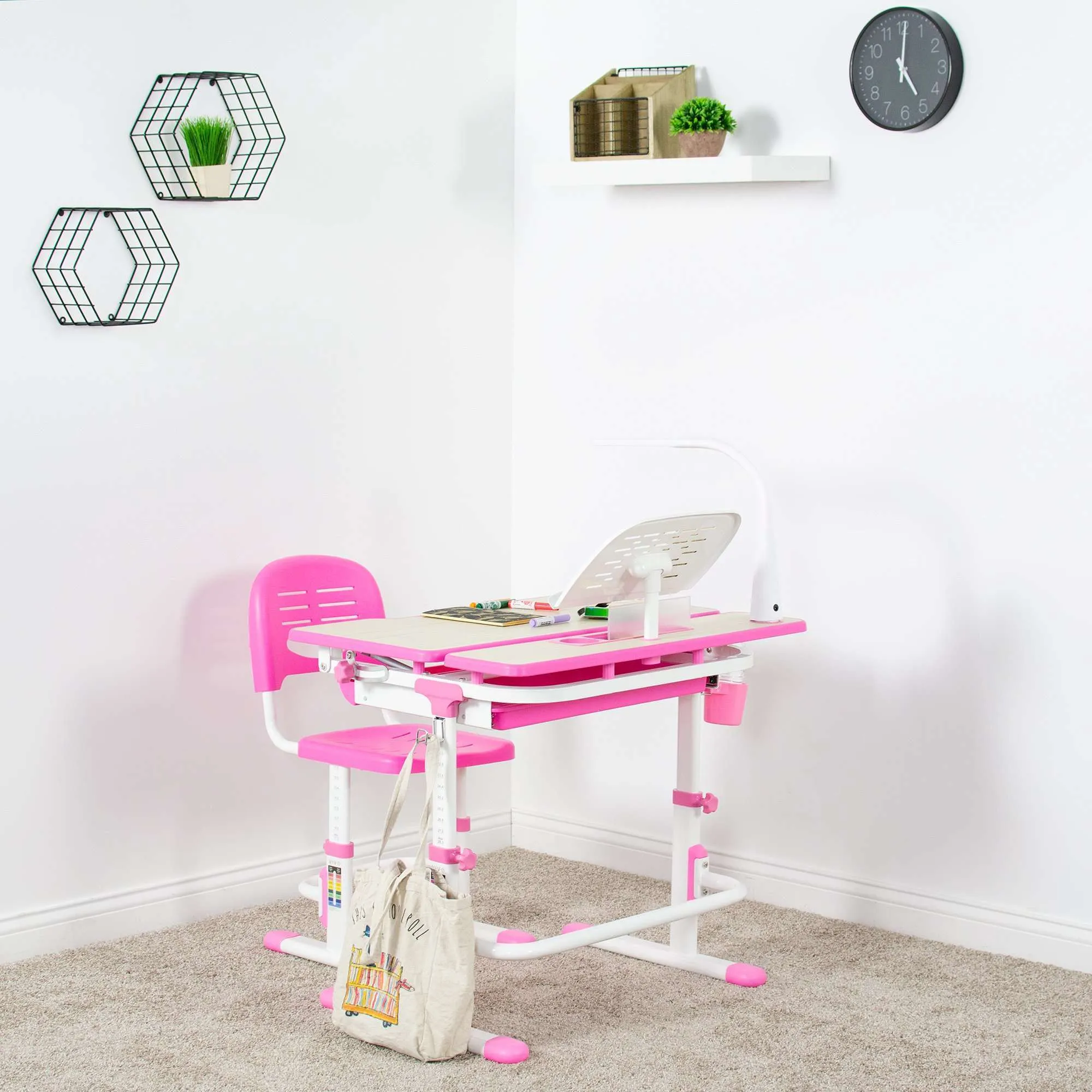 VIVO Deluxe Pink Height-Adjustable Children's Desk & Chair, Kids' Interactive Station w/ LED Lamp Extra Legroom, DESK-V402P