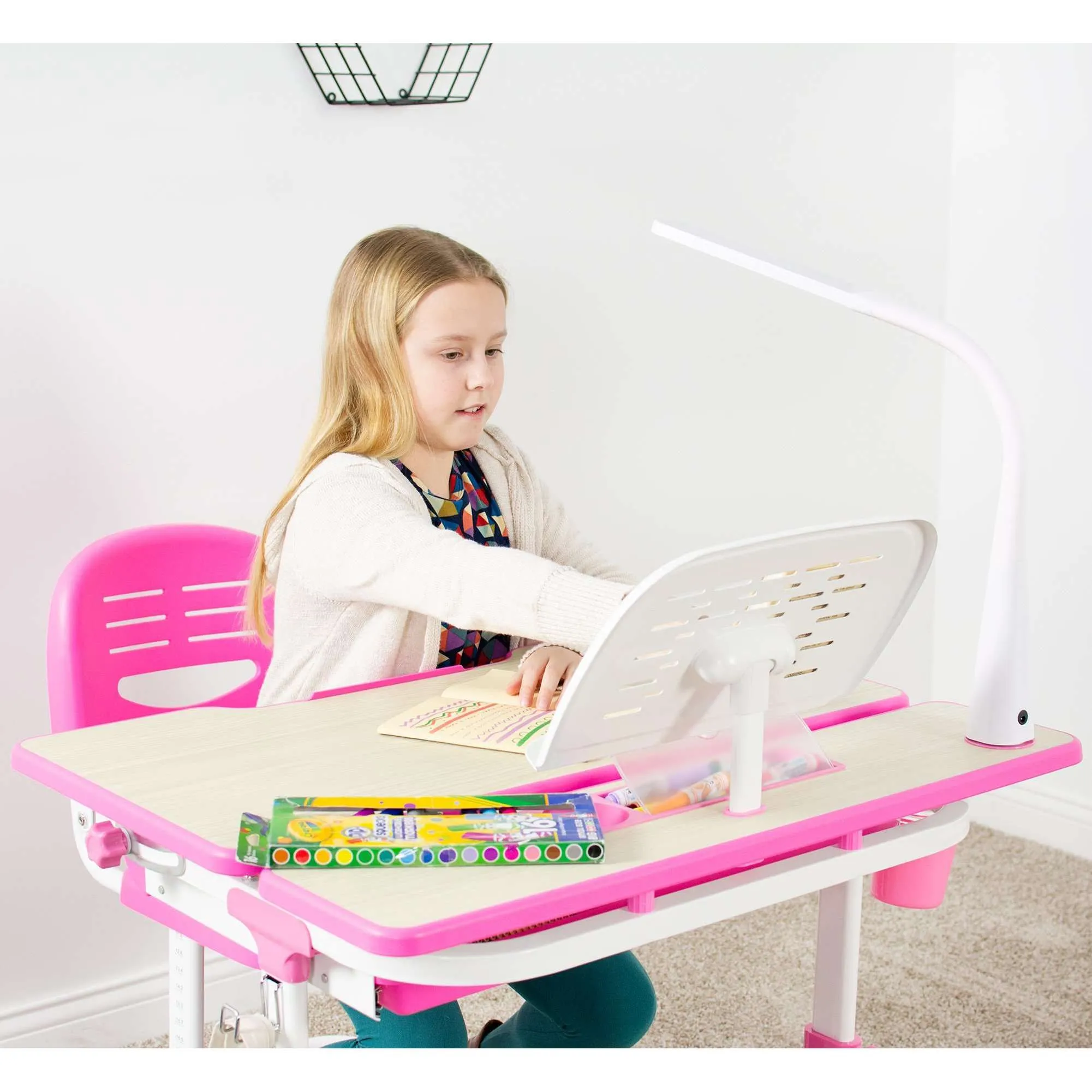 VIVO Deluxe Pink Height-Adjustable Children's Desk & Chair, Kids' Interactive Station w/ LED Lamp Extra Legroom, DESK-V402P