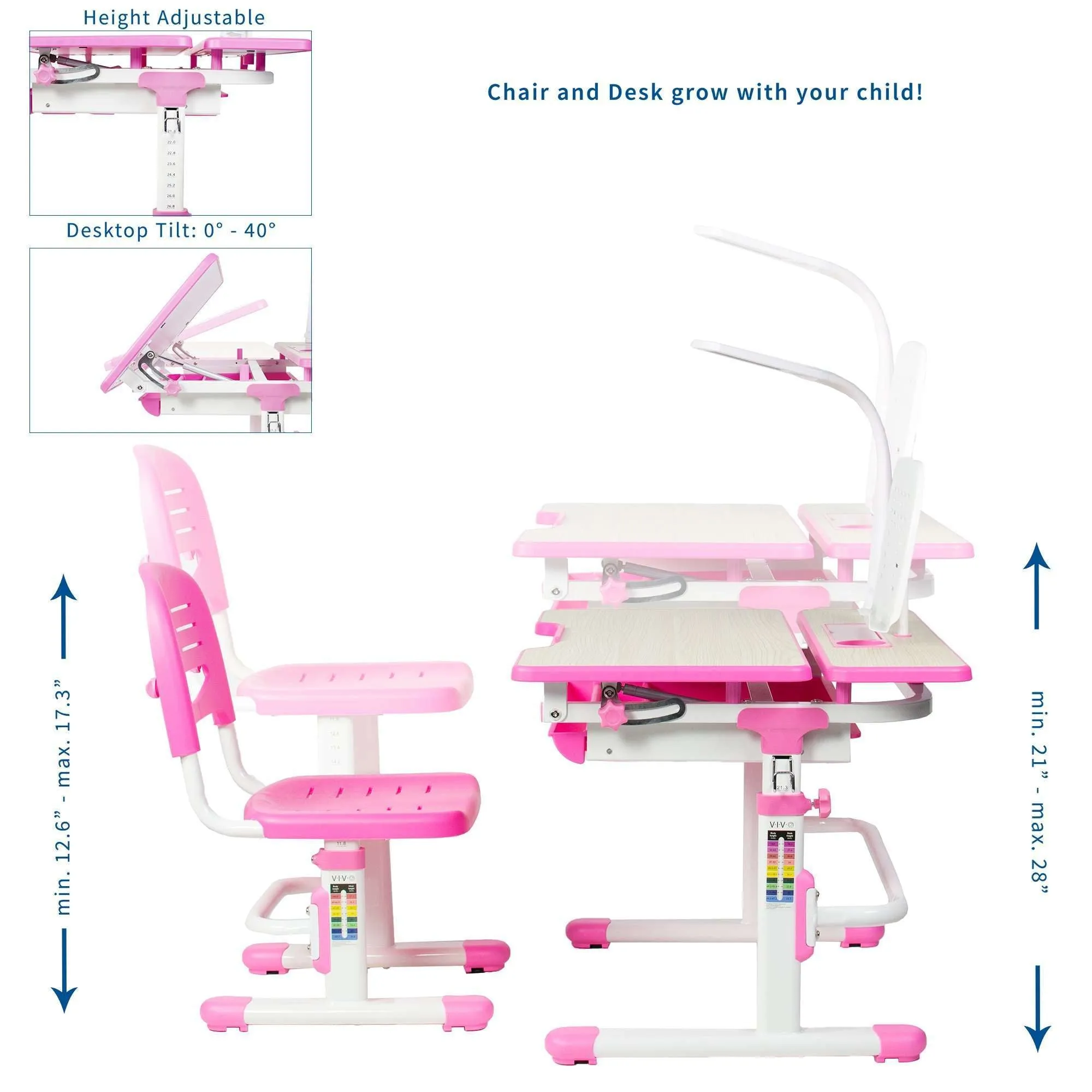 VIVO Deluxe Pink Height-Adjustable Children's Desk & Chair, Kids' Interactive Station w/ LED Lamp Extra Legroom, DESK-V402P