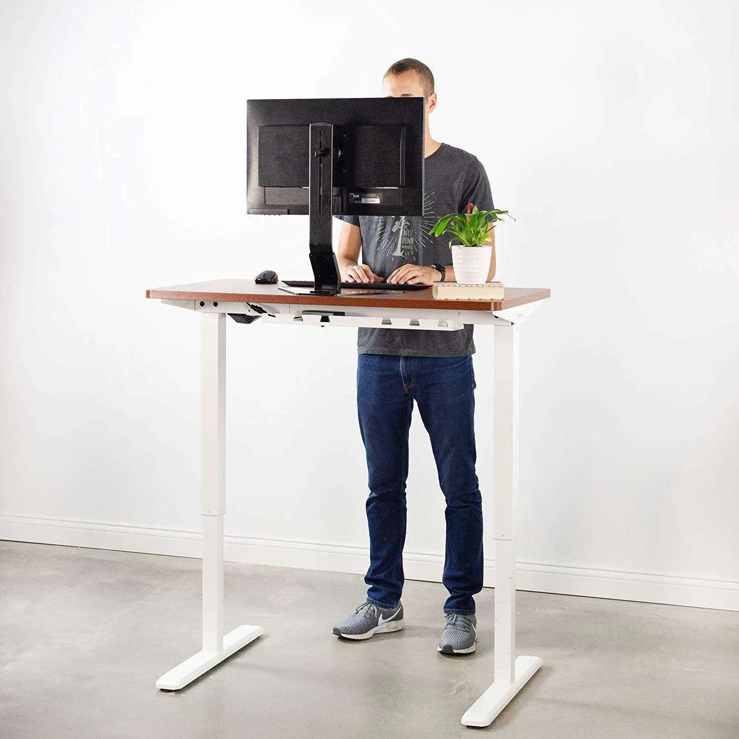 VIVO DESK-KIT-1W4D Electric 43” x 24” Standing Desk, Dark Walnut TableTop, White Frame