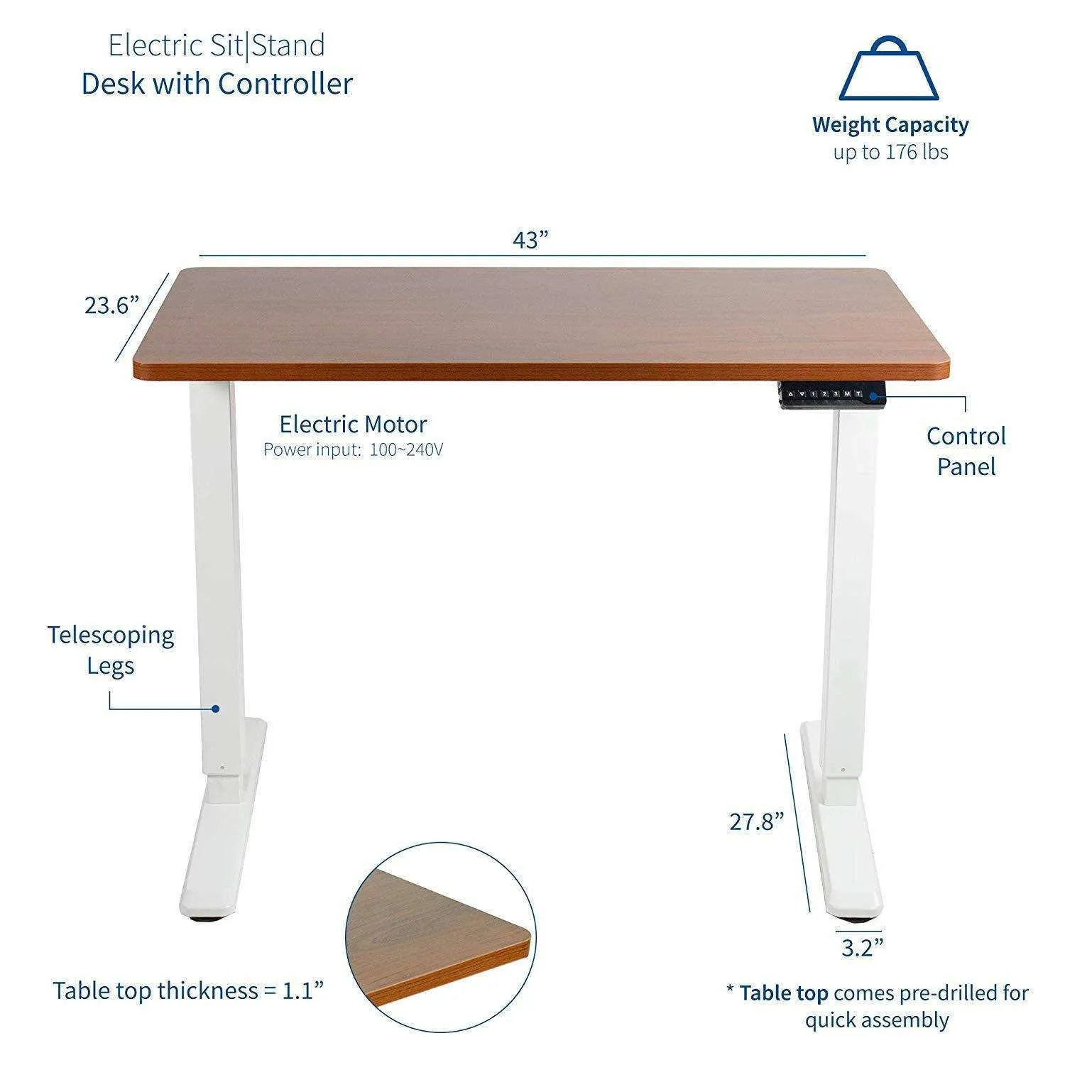 VIVO DESK-KIT-1W4D Electric 43” x 24” Standing Desk, Dark Walnut TableTop, White Frame