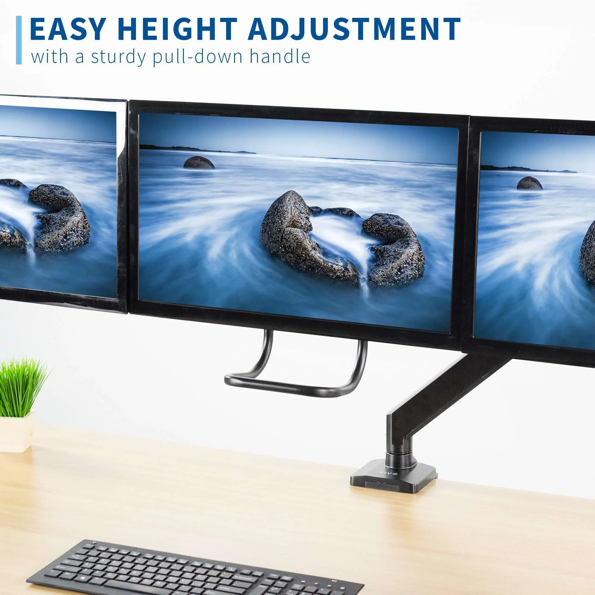 VIVO Pneumatic Arm Triple Monitor Desk Mount with Pull Handle, STAND-V101G3