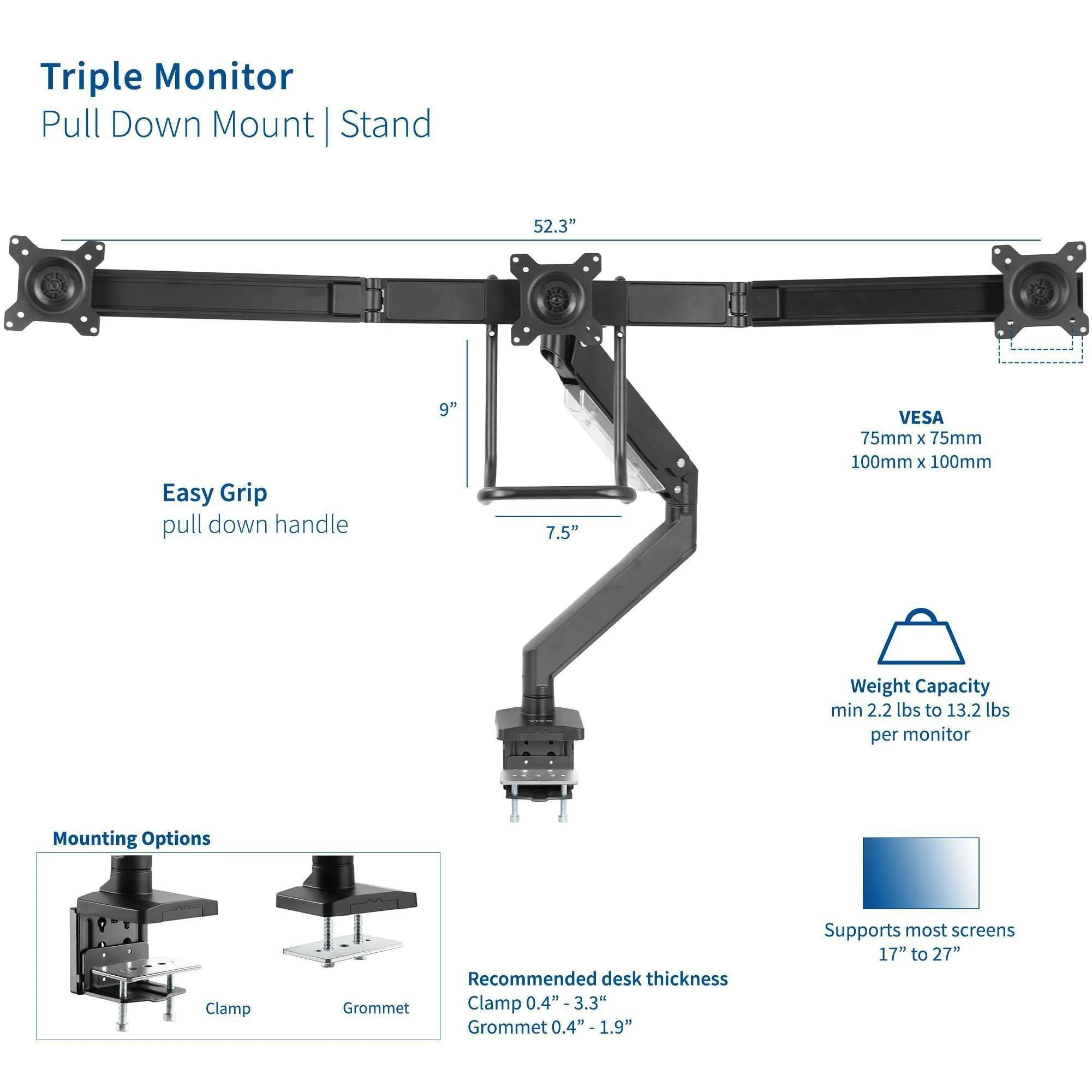 VIVO Pneumatic Arm Triple Monitor Desk Mount with Pull Handle, STAND-V101G3