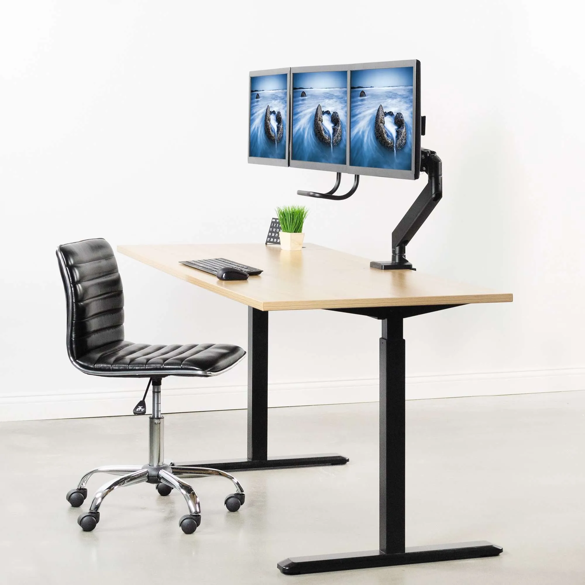 VIVO Pneumatic Arm Triple Monitor Desk Mount with Pull Handle, STAND-V101G3